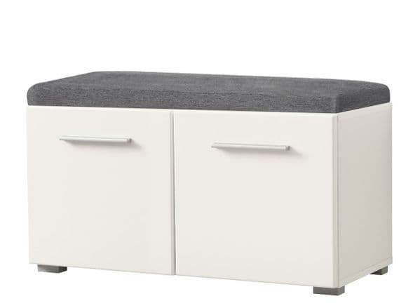 Elegant Beny White High Gloss Hallway Shoe Storage Bench with Grey Cushion Seat - UK Luxury Furniture