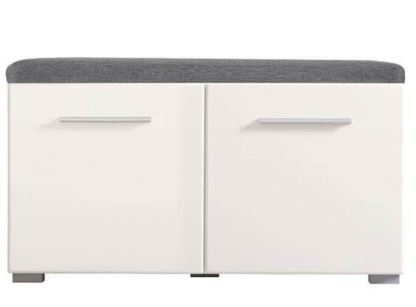 Elegant Beny White High Gloss Hallway Shoe Storage Bench with Grey Cushion Seat - UK Luxury Furniture