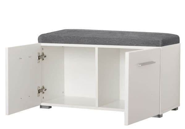 Elegant Beny White High Gloss Hallway Shoe Storage Bench with Grey Cushion Seat - UK Luxury Furniture