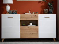 Bretanova Slatted Artisan Oak Effect and White Gloss Sideboard - Contemporary Luxury Furniture for Dining and Living Spaces - UK Luxury Furniture
