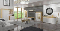 Cadillac Oak Effect and White Gloss Wide Display Cabinet with LED Lighting - UK Luxury Furniture