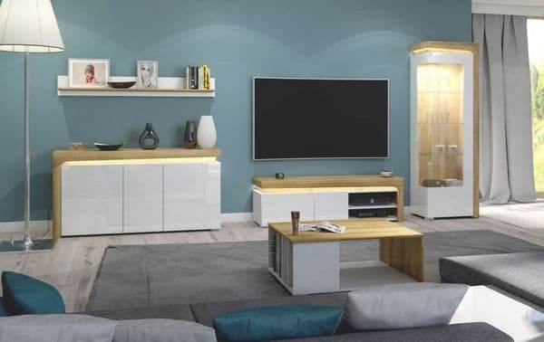 Cadillac Oak Effect & White Gloss Entertainment TV Unit with LED Lights - UK Luxury Furniture