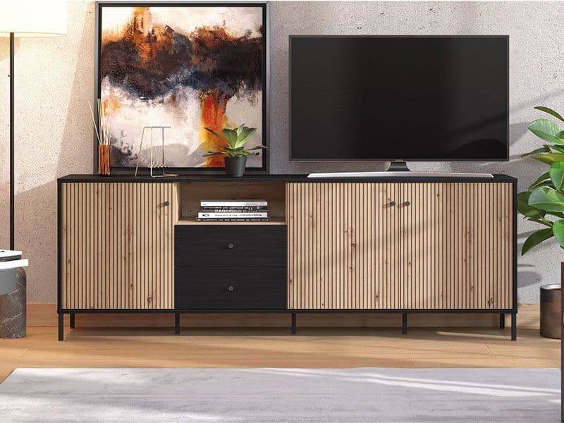 Clifton Slatted Artisan Oak Effect and Black TV Unit with Storage - UK Luxury Furniture