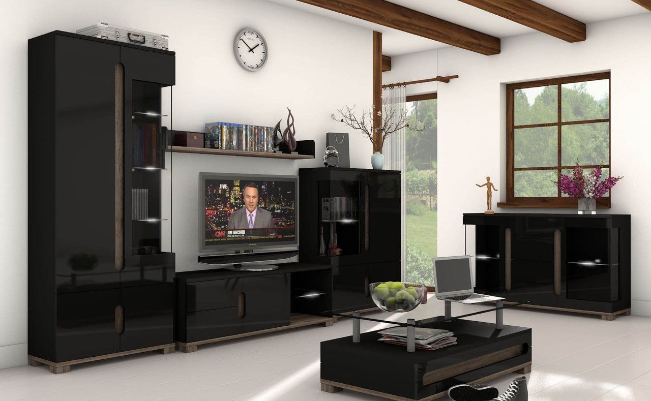 Premium Black Gloss TV Unit with Oak Effect, Two Drawers, and Ample Storage - UK Luxury Furniture