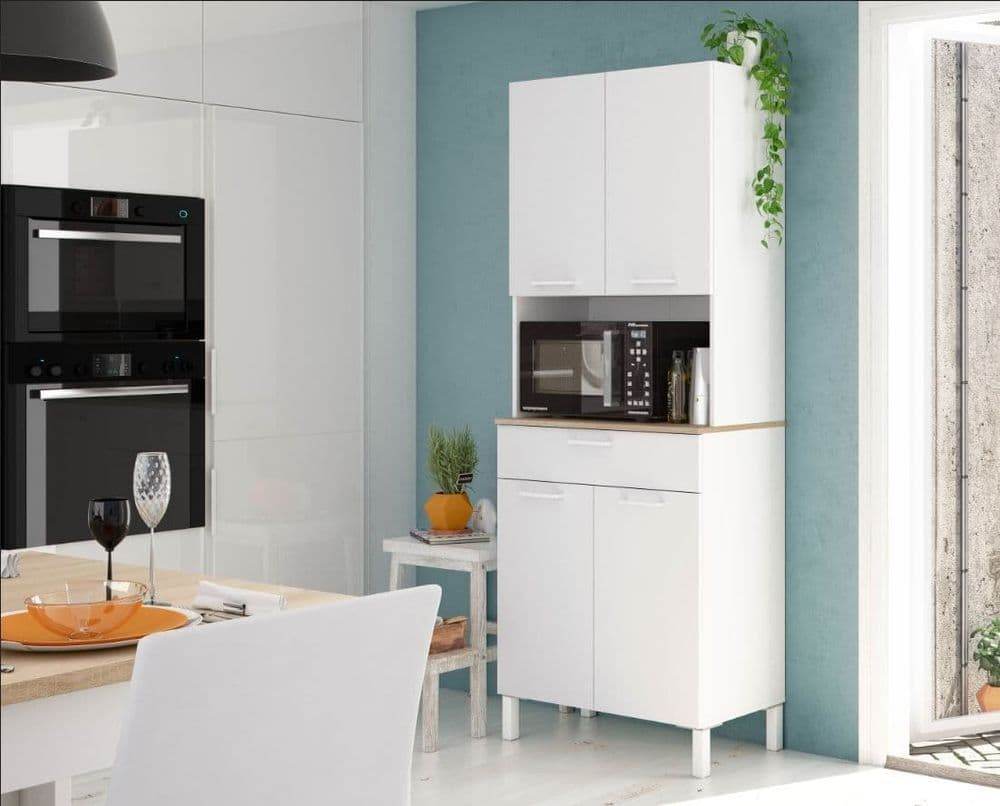 Denby White and Oak 4-Door Modern Kitchen Utility Cupboard with Hutch and Drawer - UK Luxury Furniture