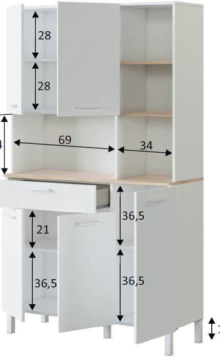 Denby White and Oak Effect 5-Door Utility Kitchen Cupboard with Hutch and Drawer - UK Luxury Furniture