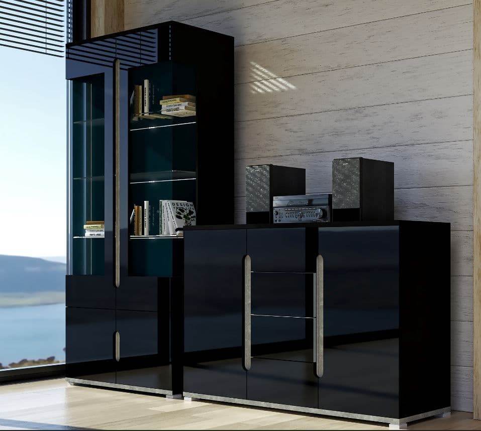 Elise Black High Gloss and Grey Display Cabinet T02 - 3015 - UK Luxury Furniture