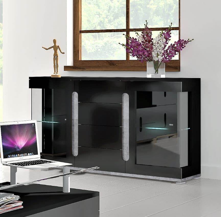 Elise Black High Gloss and Grey Glass Door Sideboard T32 - Modern Storage Solution - UK Luxury Furniture