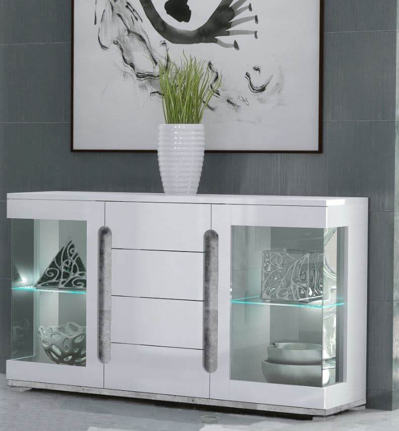 Elise White High Gloss Grey Glass Door Sideboard Furniture with LED Lights and Drawers - UK Luxury Furniture