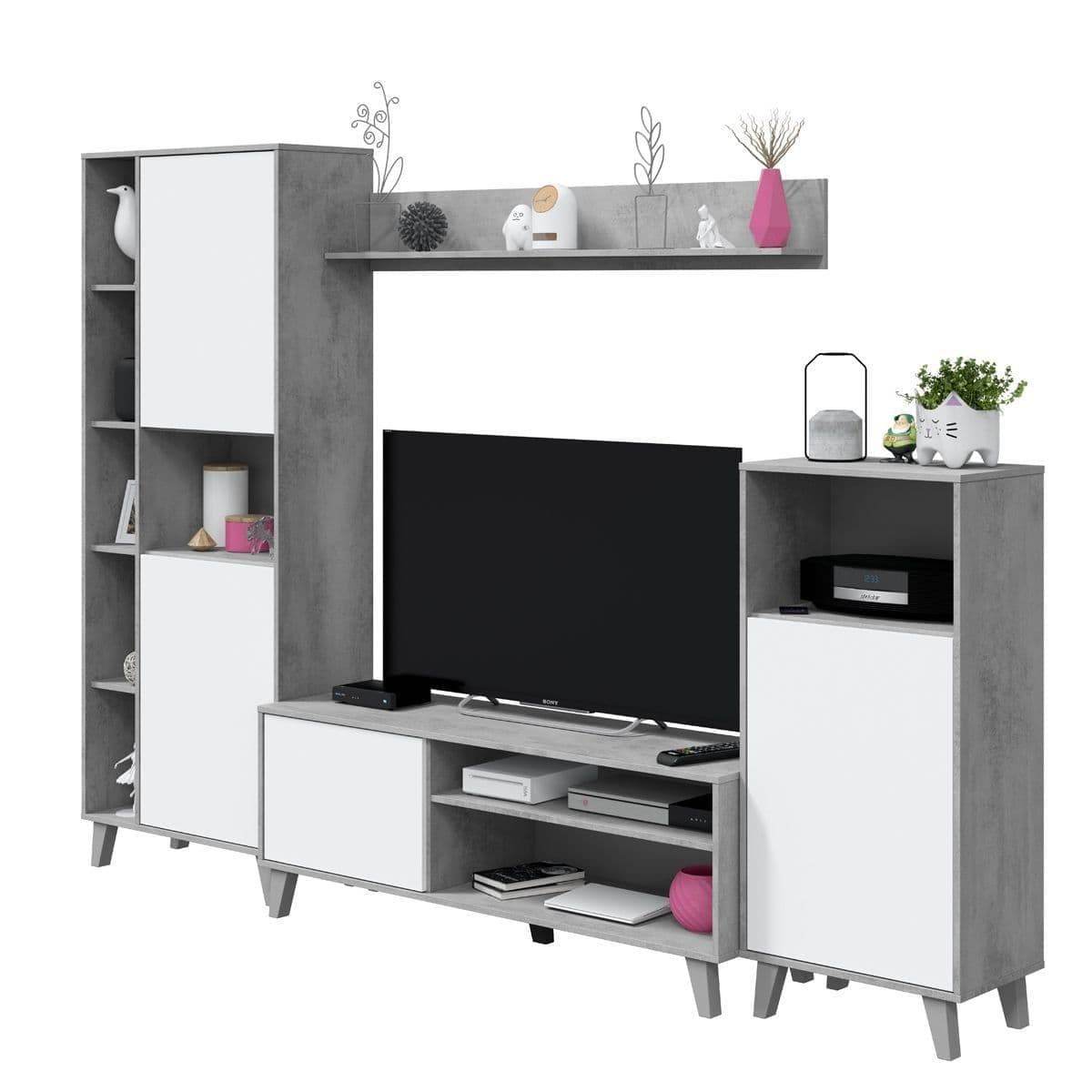Eriksen White & Concrete Grey Effect Large TV Entertainment Wall Unit Cabinet - UK Luxury Furniture