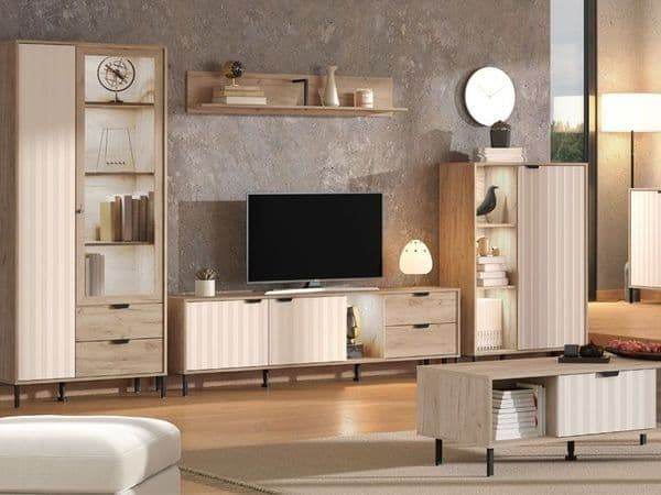 Evandria Grey Oak Effect Cashmere Slatted Short Sideboard - Elegant Storage Solution - UK Luxury Furniture