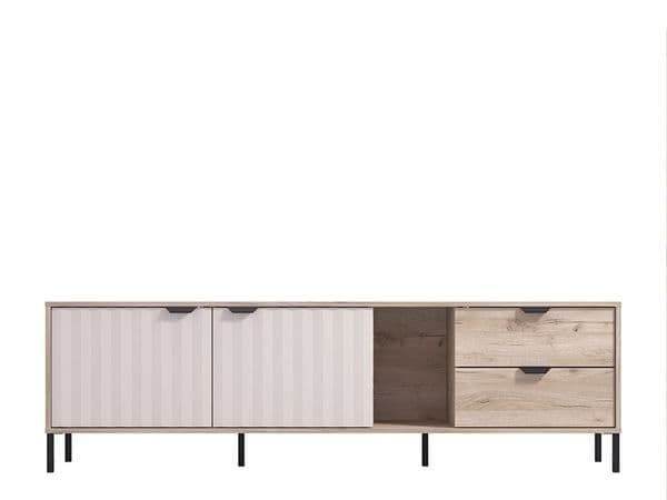 Evandria Vandea Grey Oak Effect Cashmere Slatted TV Unit Cabinet: Modern Entertainment Console - UK Luxury Furniture
