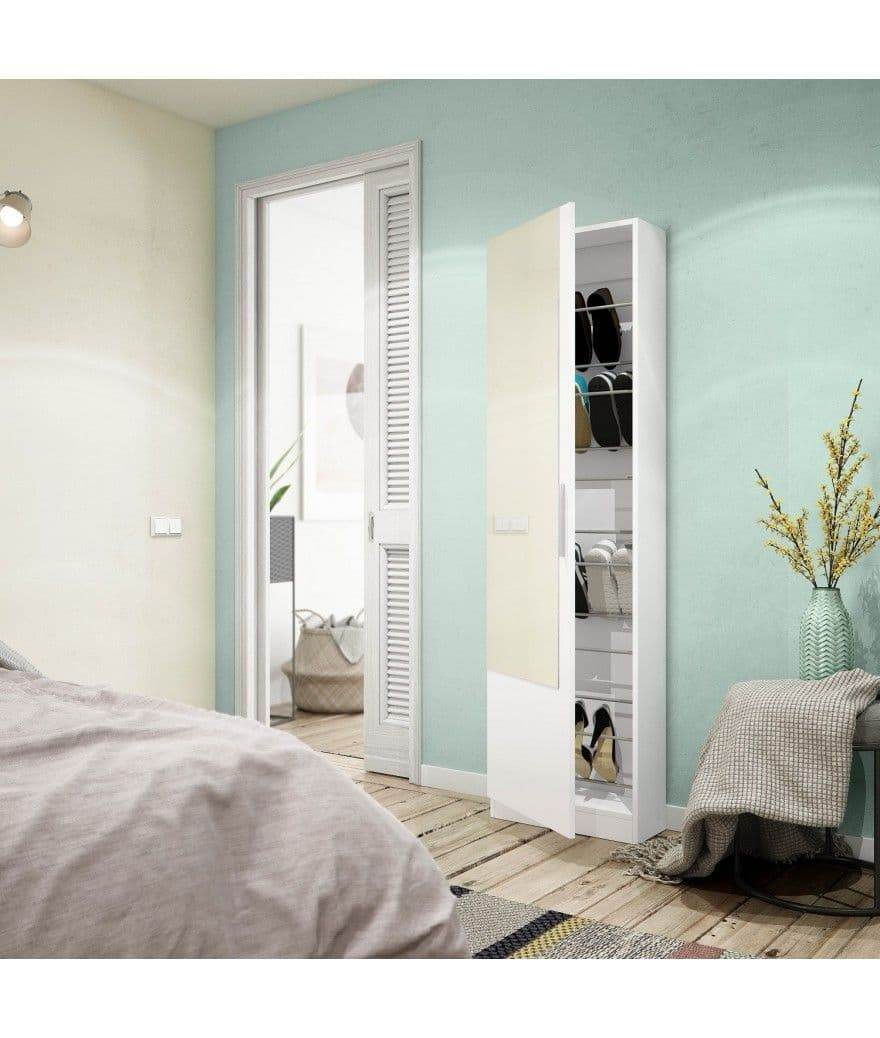 Giovanni Arctic White Tall Shoe Cabinet with Mirrored Door, 14-16 Pair Capacity - UK Luxury Furniture