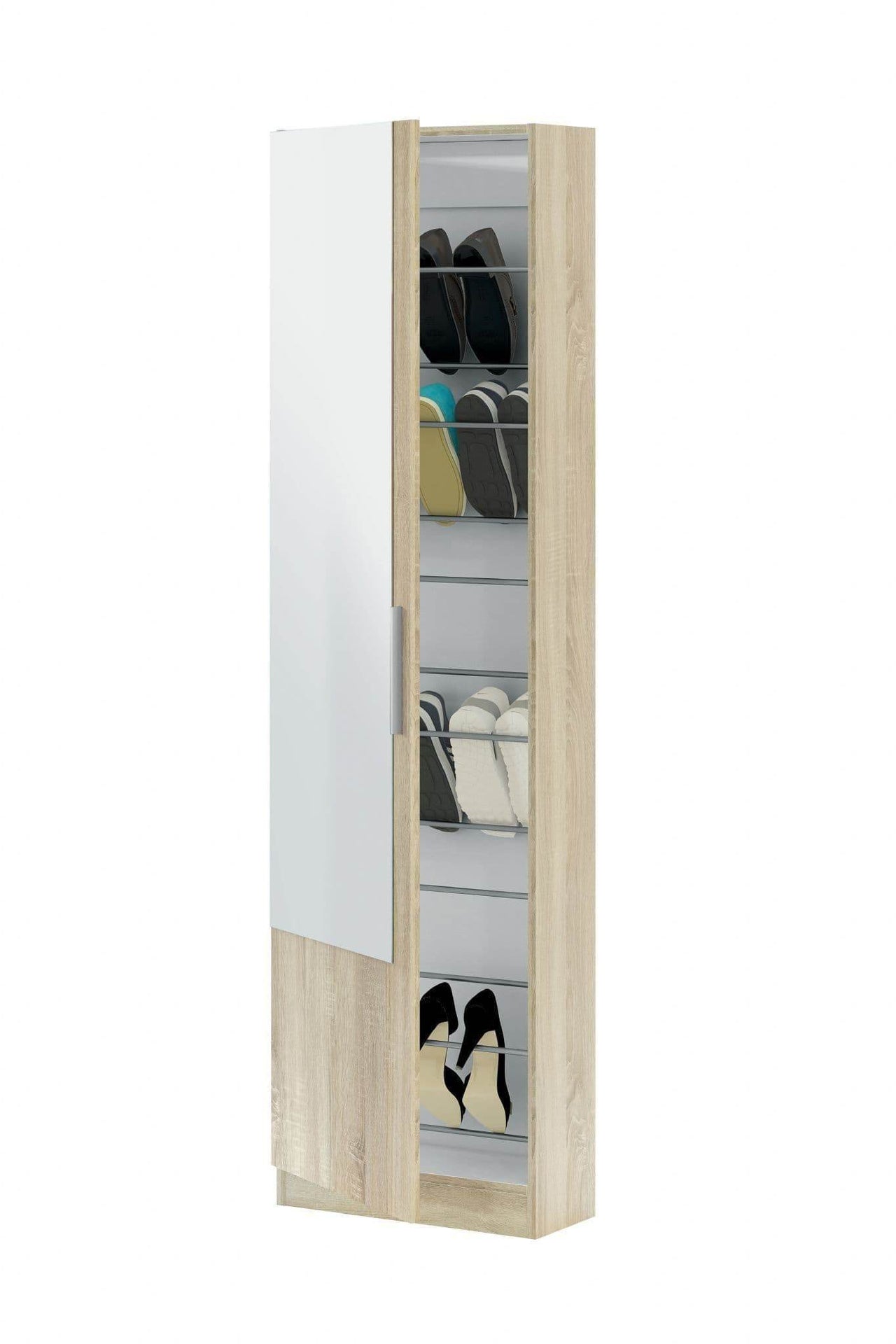 Giovanni Oak Effect Tall Shoe Cabinet with Mirrored Door, 14-16 Pair Capacity - UK Luxury Furniture