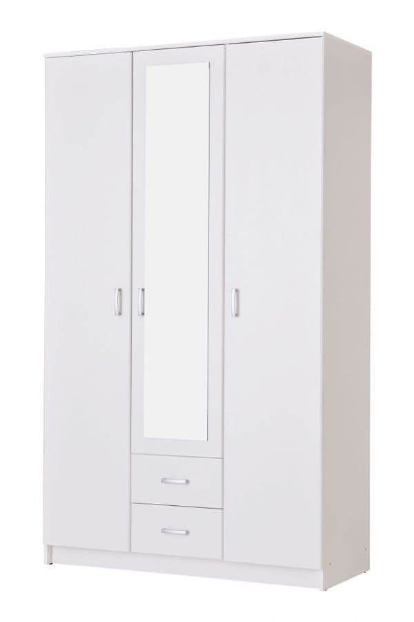 Kano White Three-Door Wardrobe: Elegant Storage with Mirror, Drawers, and Hanging Rail - UK Luxury Furniture