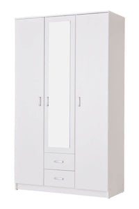 Kano White Three-Door Wardrobe: Elegant Storage with Mirror, Drawers, and Hanging Rail - UK Luxury Furniture