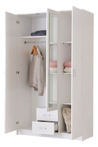 Kano White Three-Door Wardrobe: Elegant Storage with Mirror, Drawers, and Hanging Rail - UK Luxury Furniture