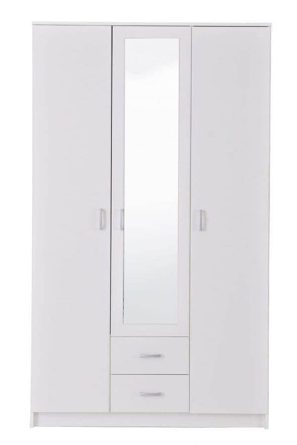 Kano White Three-Door Wardrobe: Elegant Storage with Mirror, Drawers, and Hanging Rail - UK Luxury Furniture