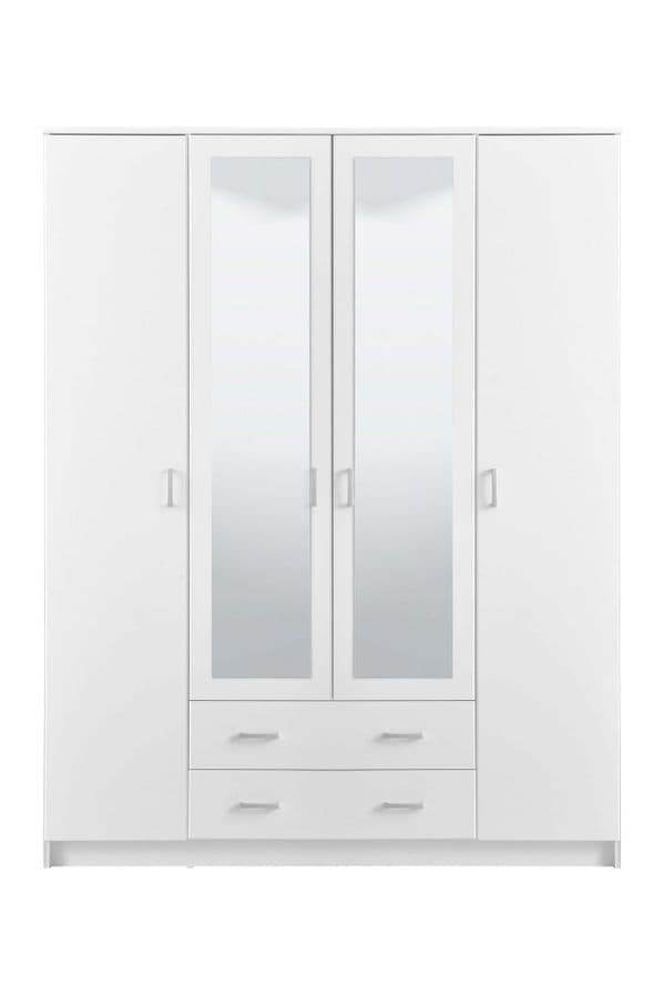 Kano White 4-Door Wardrobe with Mirrored Panels and Ample Storage - UK Luxury Furniture