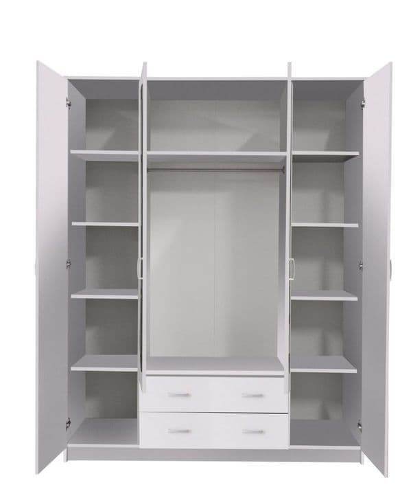 Kano White 4-Door Wardrobe with Mirrored Panels and Ample Storage - UK Luxury Furniture