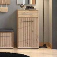 Lazlo Slatted Artisan Oak Effect Narrow Hallway Sideboard with Storage Drawer and Door - UK Luxury Furniture