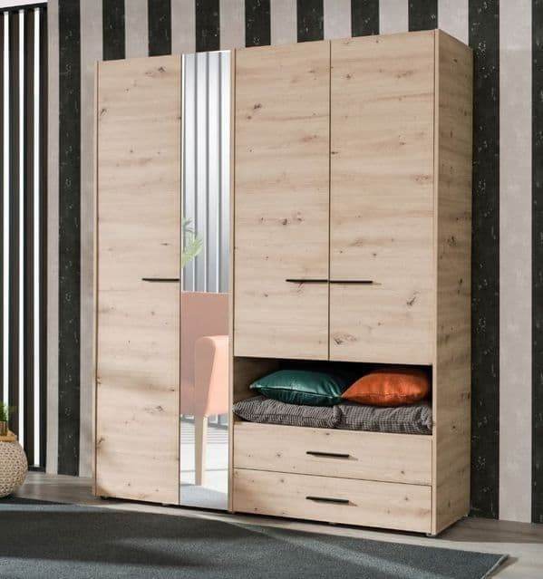 Limone Grey Oak Four-Door Wardrobe with Integrated Mirror and Two Drawers - UK Luxury Furniture