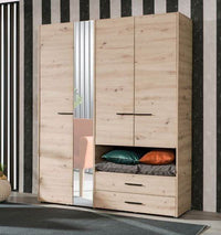 Limone Grey Oak Four-Door Wardrobe with Integrated Mirror and Two Drawers - UK Luxury Furniture