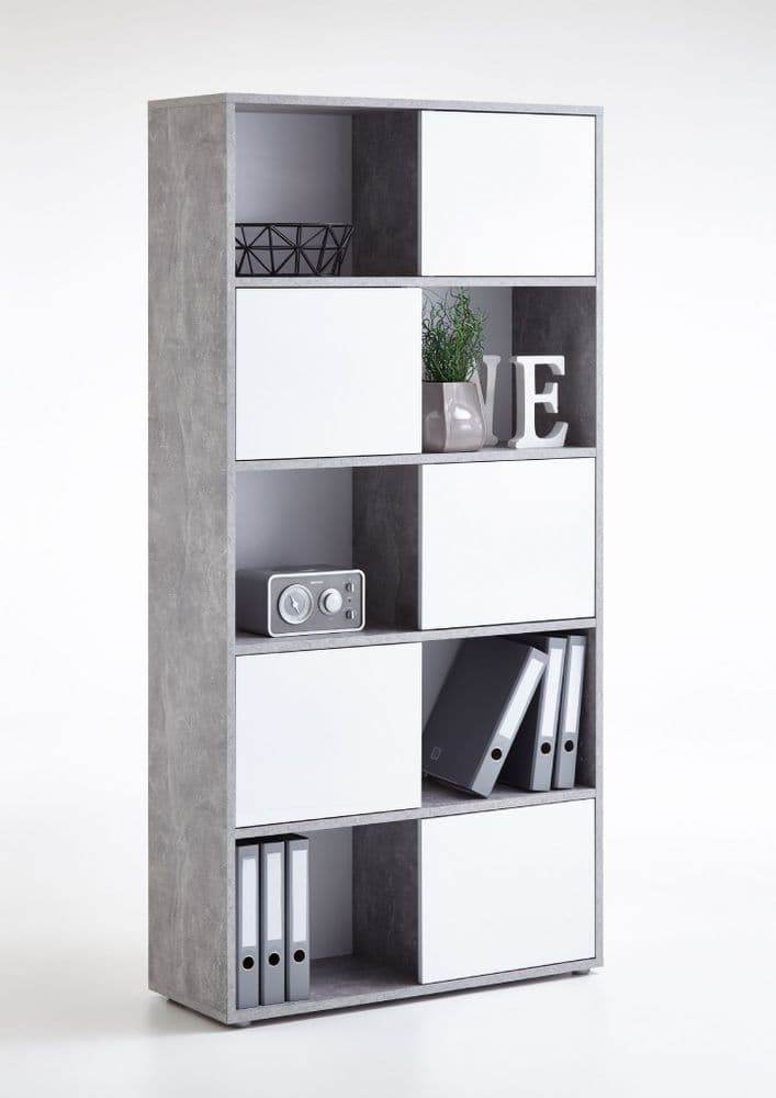 Luiz Modern Concrete Grey and White Tall Bookcase with Four Doors - UK Luxury Furniture