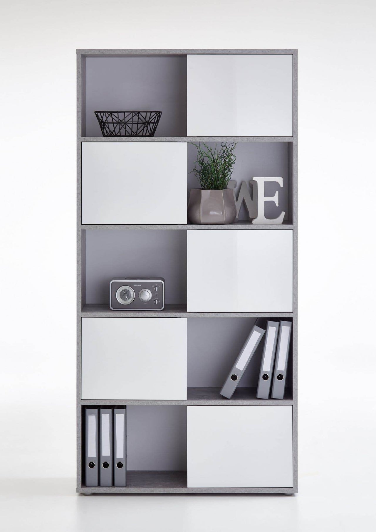 Luiz Modern Concrete Grey and White Tall Bookcase with Four Doors - UK Luxury Furniture