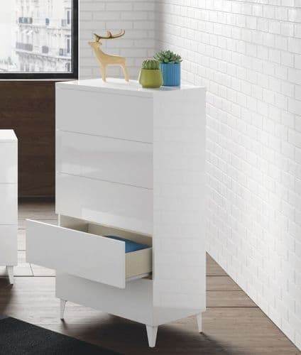 Elegant Madrid White Gloss Tall Chest of Drawers with Four Spacious Storage Drawers - UK Luxury Furniture