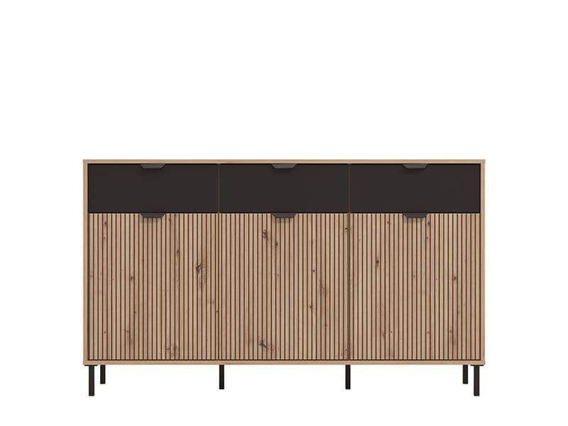 Martinique Slatted Artisan Oak Effect and Black 3-Door Sideboard for Elegant Storage - UK Luxury Furniture