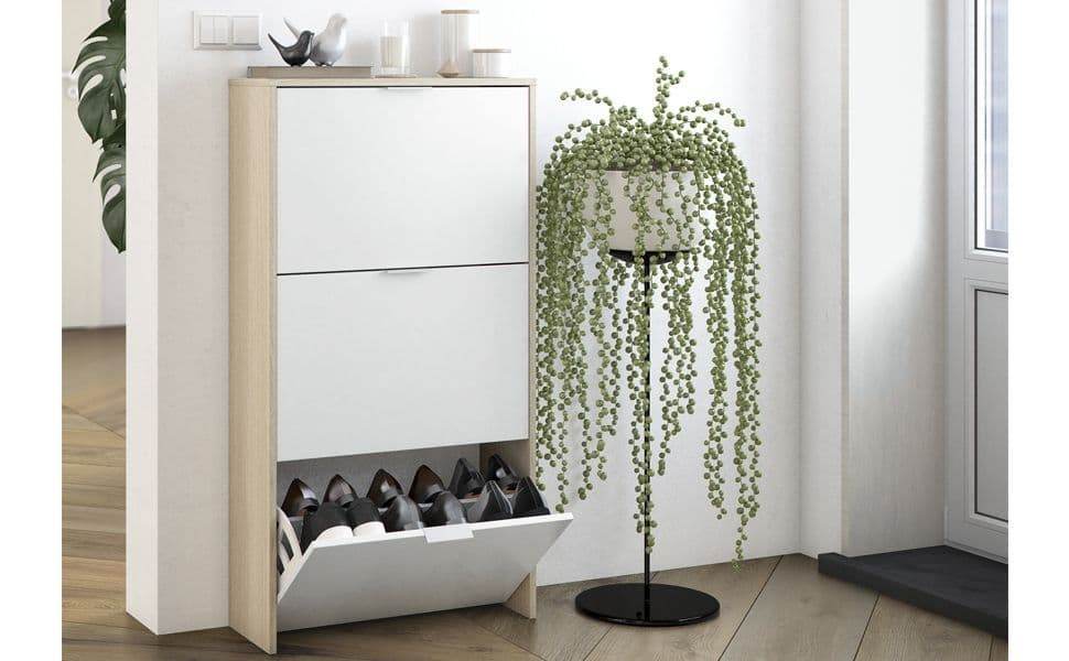 Marvin White and Oak Effect Shoe Cabinet with Three Folding Doors - UK Luxury Furniture