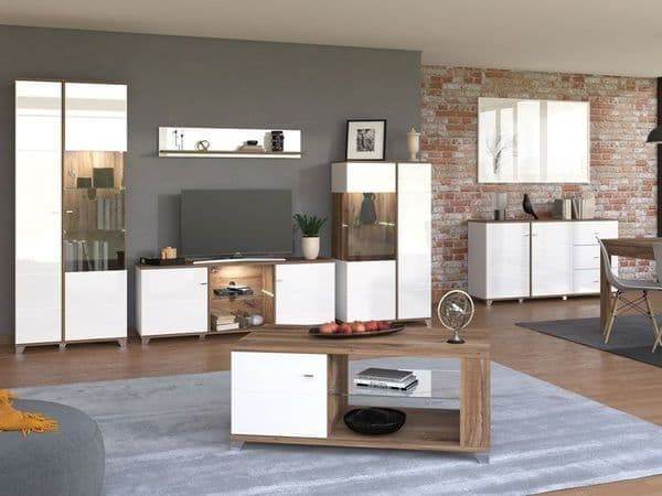 Elegant Merlot White High Gloss and Oak Effect Display Cabinet with Eight Shelves - UK Luxury Furniture