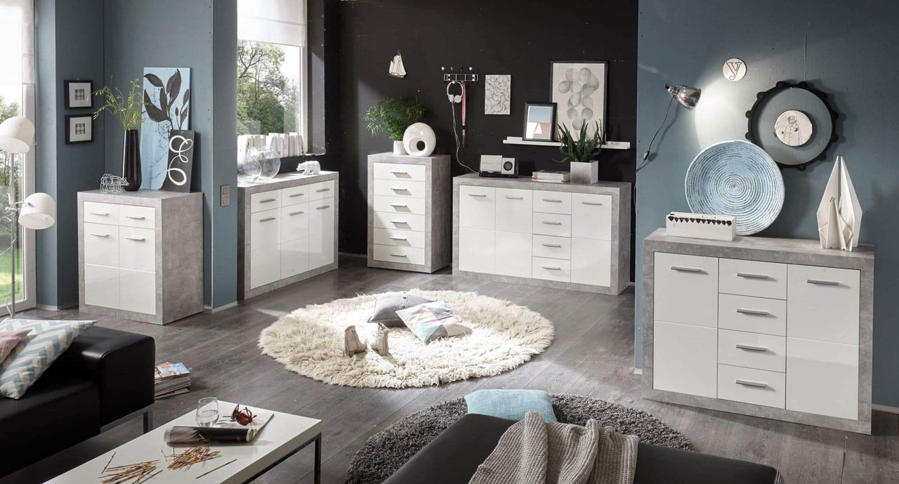 Pietra Large Sideboard: Elegant Grey and White Gloss, 2 Doors, 3 Drawers Storage - UK Luxury Furniture