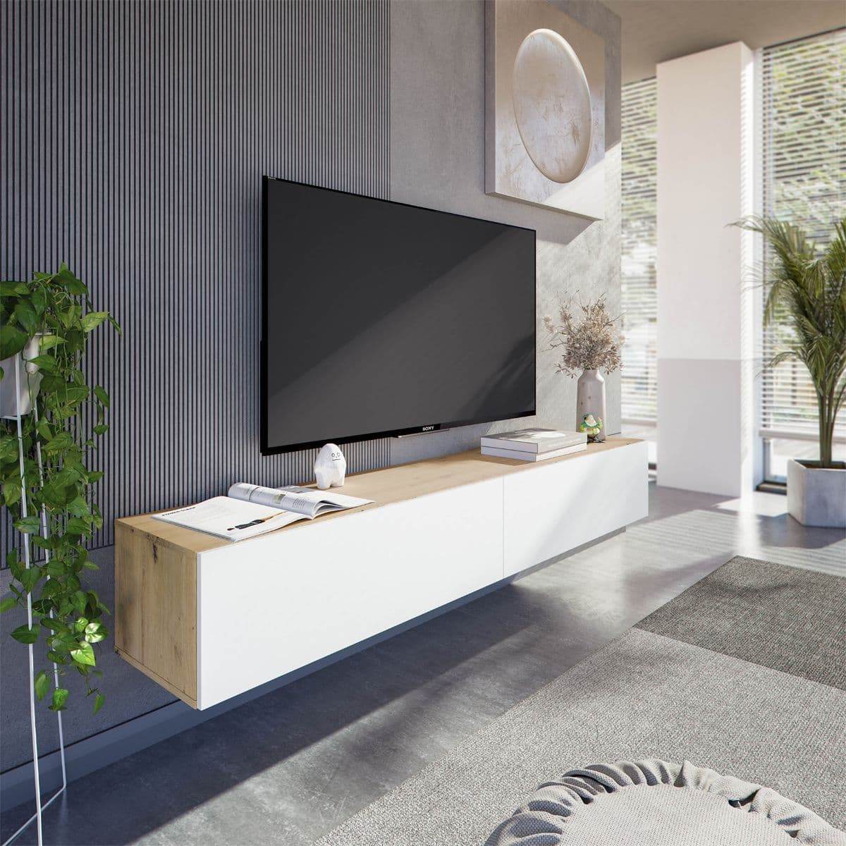 Reyes Nordic Oak Effect and White Wall Mounted Floating Wide Large TV Unit - UK Luxury Furniture