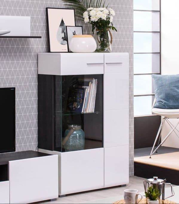 Elegant Royce White Short Display Cabinet with Glass Shelves and Black Interior - UK Luxury Furniture