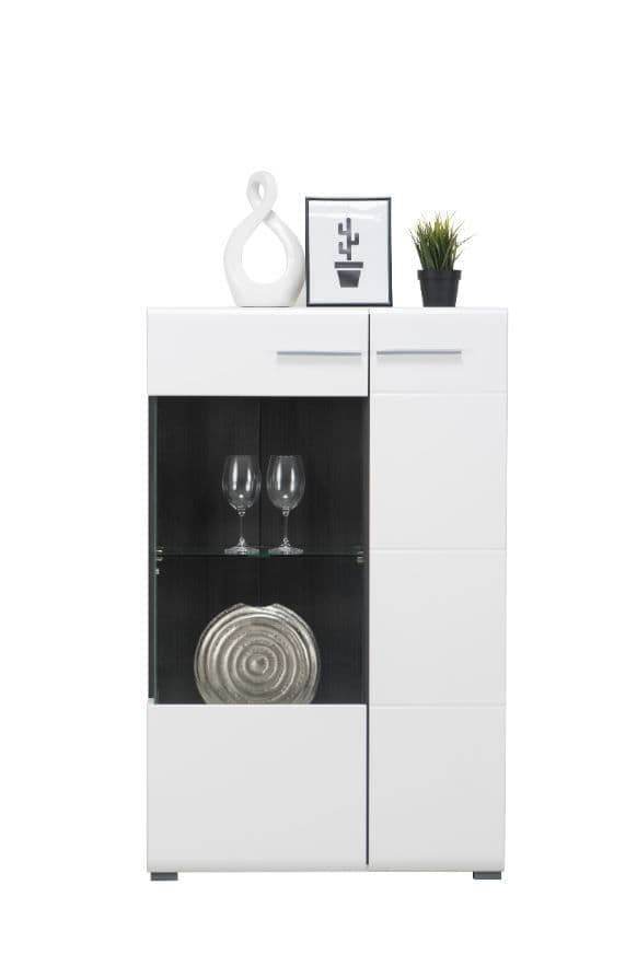Elegant Royce White Short Display Cabinet with Glass Shelves and Black Interior - UK Luxury Furniture