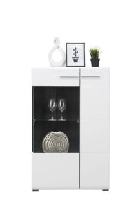 Elegant Royce White Short Display Cabinet with Glass Shelves and Black Interior - UK Luxury Furniture