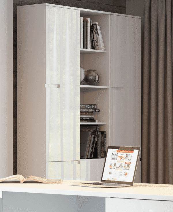 Santino Tall Narrow Bookcase with White Gloss Doors S13 - Modern Storage Solution - UK Luxury Furniture
