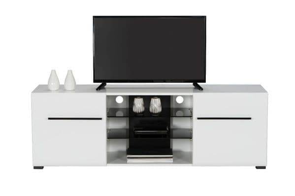 Terrento Modern White High Gloss Large TV Unit with Glass Shelves and Storage - UK Luxury Furniture