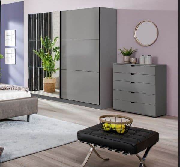 Valentina Graphite Grey 2-Door Sliding Wardrobe with Integrated Mirror - UK Luxury Furniture