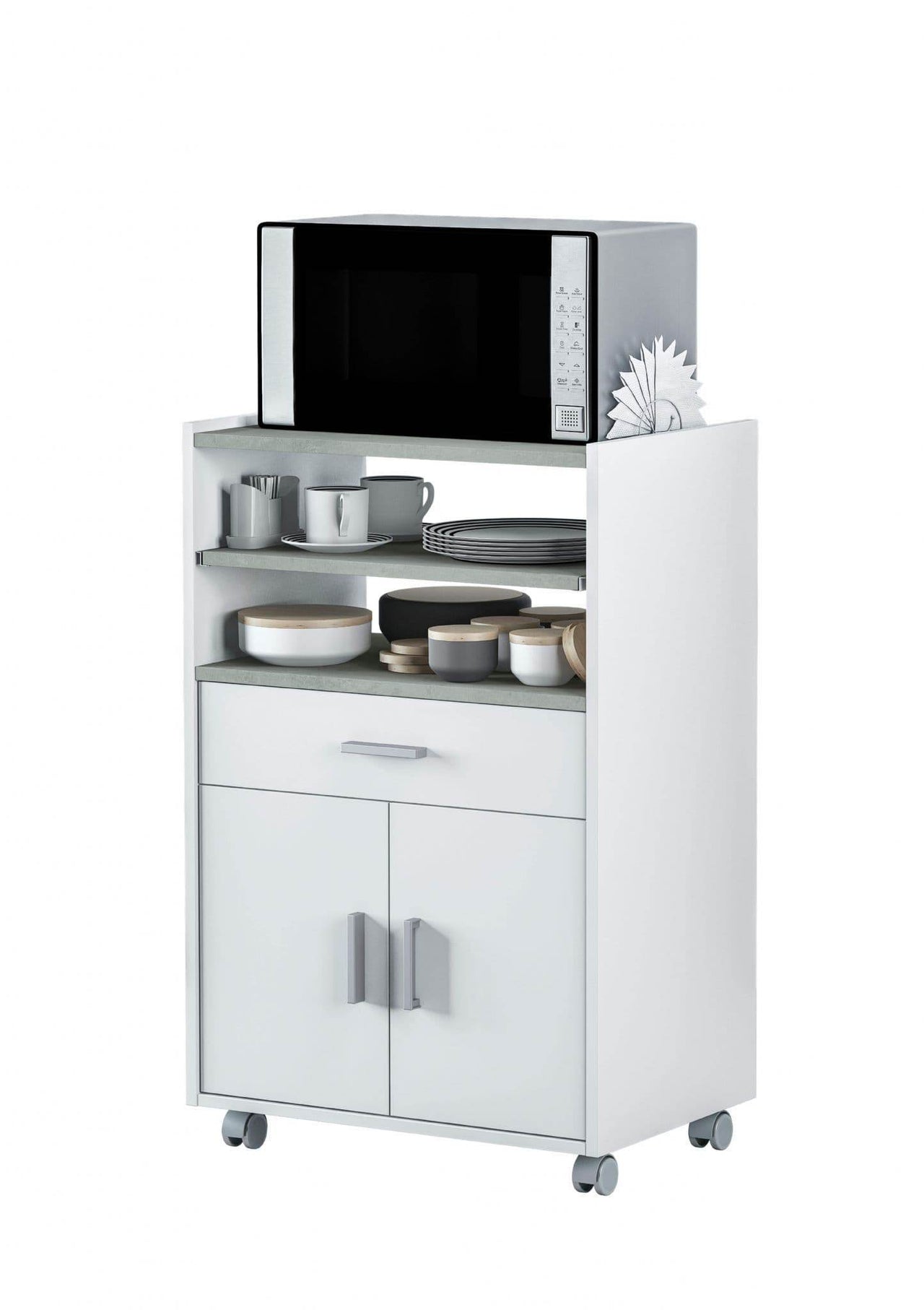 Versatile Zidan White and Grey Kitchen Trolley with Storage and Pull-Out Shelf - UK Luxury Furniture