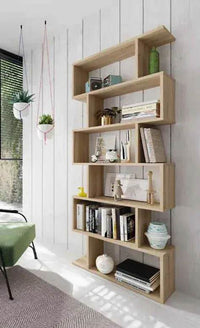 Zing Oak Effect Tall Bookcase: Modern 6-Compartment Display Shelf for Home Office - UK Luxury Furniture