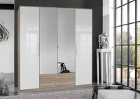 Anzo White Gloss and Oak Effect 4 Door Wardrobe - Elegant Bedroom Storage Solution - UK Luxury Furniture