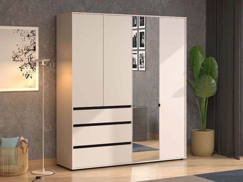 Kyoto Cashmere 4 Door 3 Drawer Mirrored Wardrobe: Elegant Storage Solution with Mirror - UK Luxury Furniture
