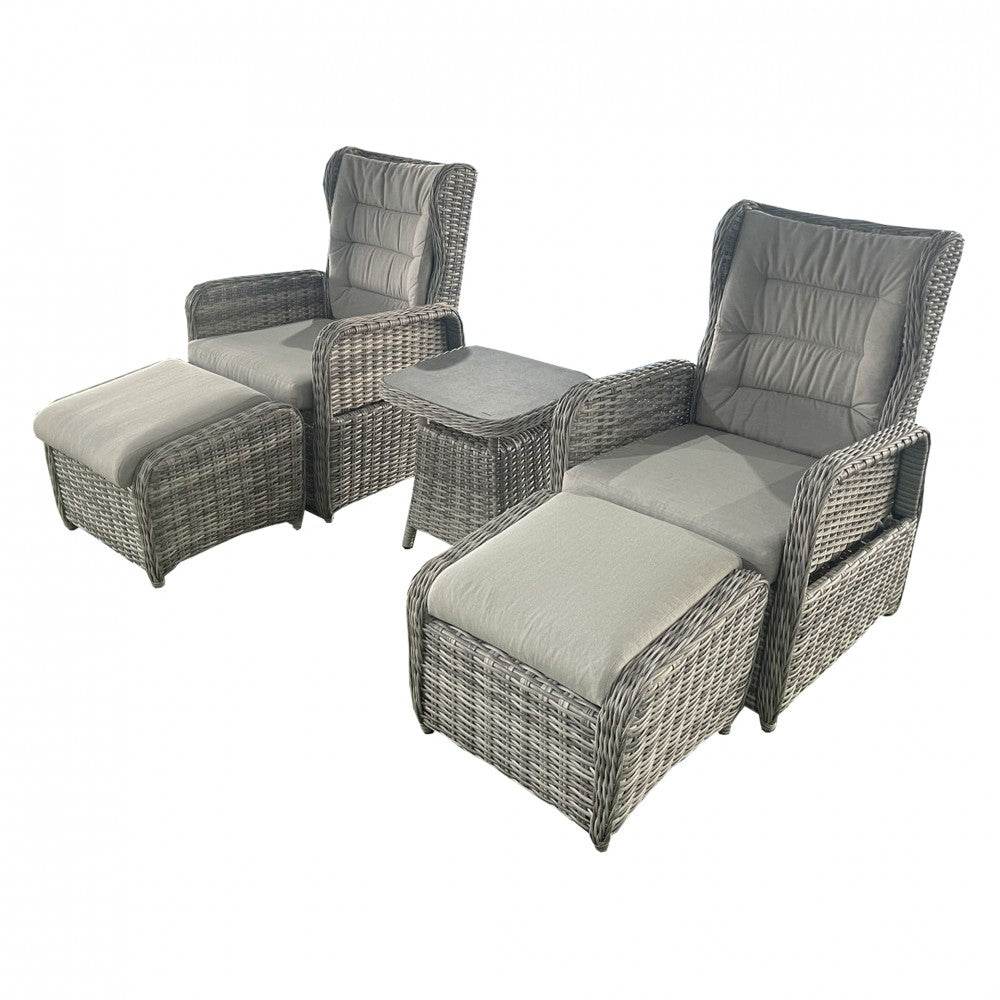 LA Luxury 5-Piece Grey Rattan Recliner Set with Adjustable Chairs & Elegant Coffee Table - UK Luxury Furniture