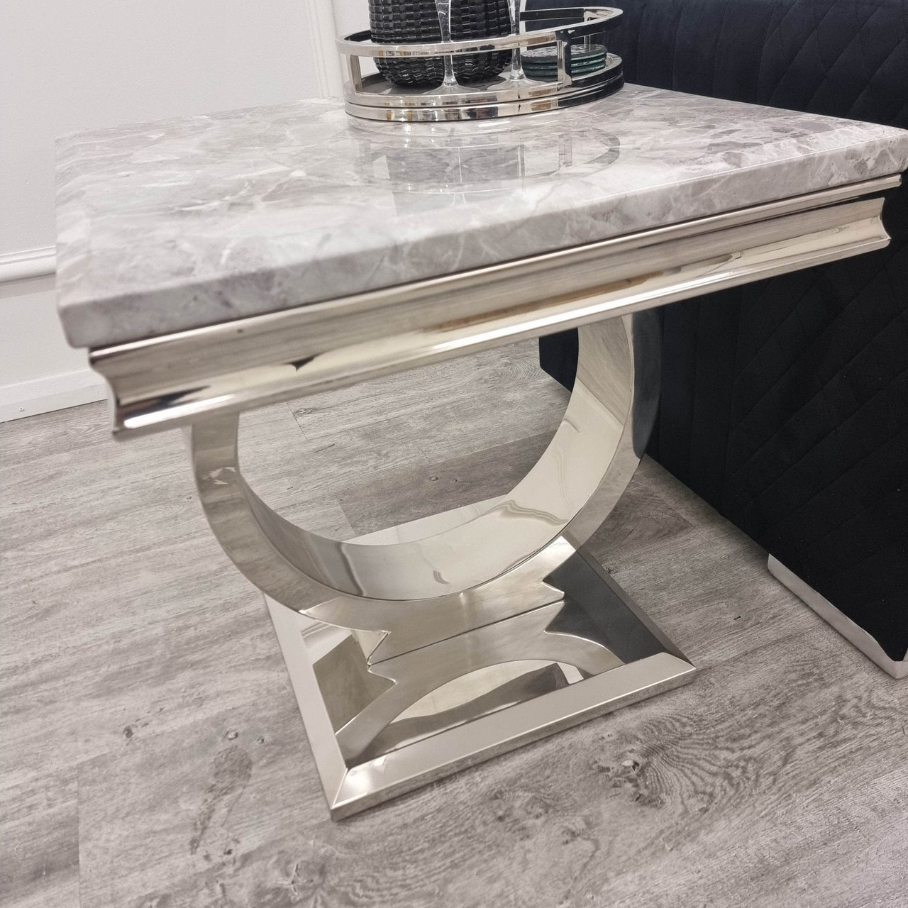 Arriana Luxury Lamp Table with Round Marble or Glass Top and Polished Stainless Steel Base - UK Luxury Furniture