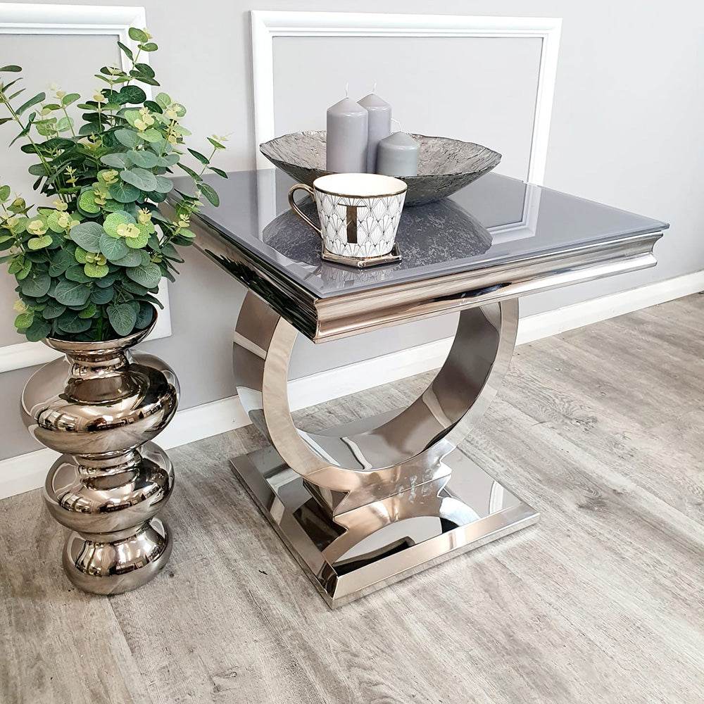 Arriana Luxury Lamp Table with Round Marble or Glass Top and Polished Stainless Steel Base - UK Luxury Furniture