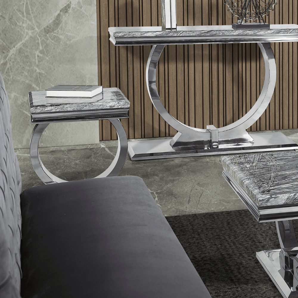 Arriana Luxury Lamp Table with Round Marble or Glass Top and Polished Stainless Steel Base - UK Luxury Furniture