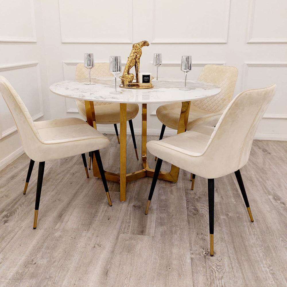 Lucien Gold 1.2M Round Dining Table with Elegant Sintered Stone Top and Sturdy Pedestal Base - UK Luxury Furniture